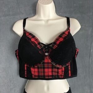NWOT Torrid Plaid Lace Longline Push Up Bra 40DD Strappy Bralette Corset Style